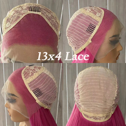 Hot Pink Lace Front Wig Synthetic Long Silky Straight Hair Rose Red Natural Hairline Daily Use Heat Resistant Hair Cosplay Party