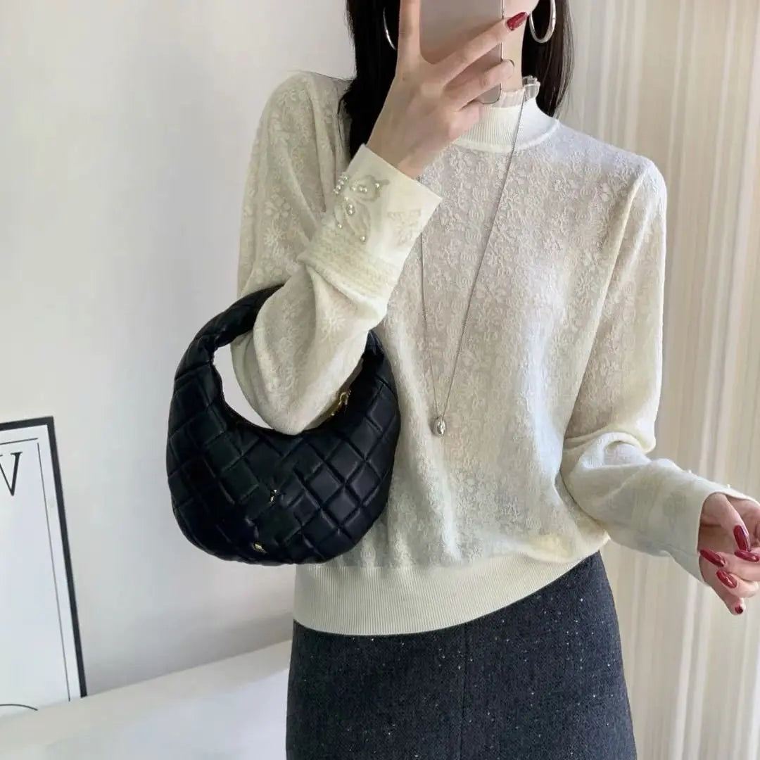 Women Clothes Autumn Winter Fashion Simplicity Lace Patchwork Knitting Half High Collar Female Solid Color Temperament Bottoming