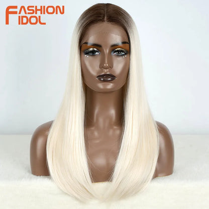 FASHION IDOL 14inch/35cm Short Bob Lace Wigs Synthetic Hair Ombre Brown Grey Wigs For Black Women Heat Resistant Synthetic Wig