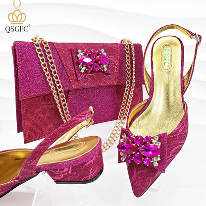 Italian Design Elegant Evening Shoes And Bag Set African Crystal Comfortable Shoes And Capacity Bag Commuter Women's Shoes