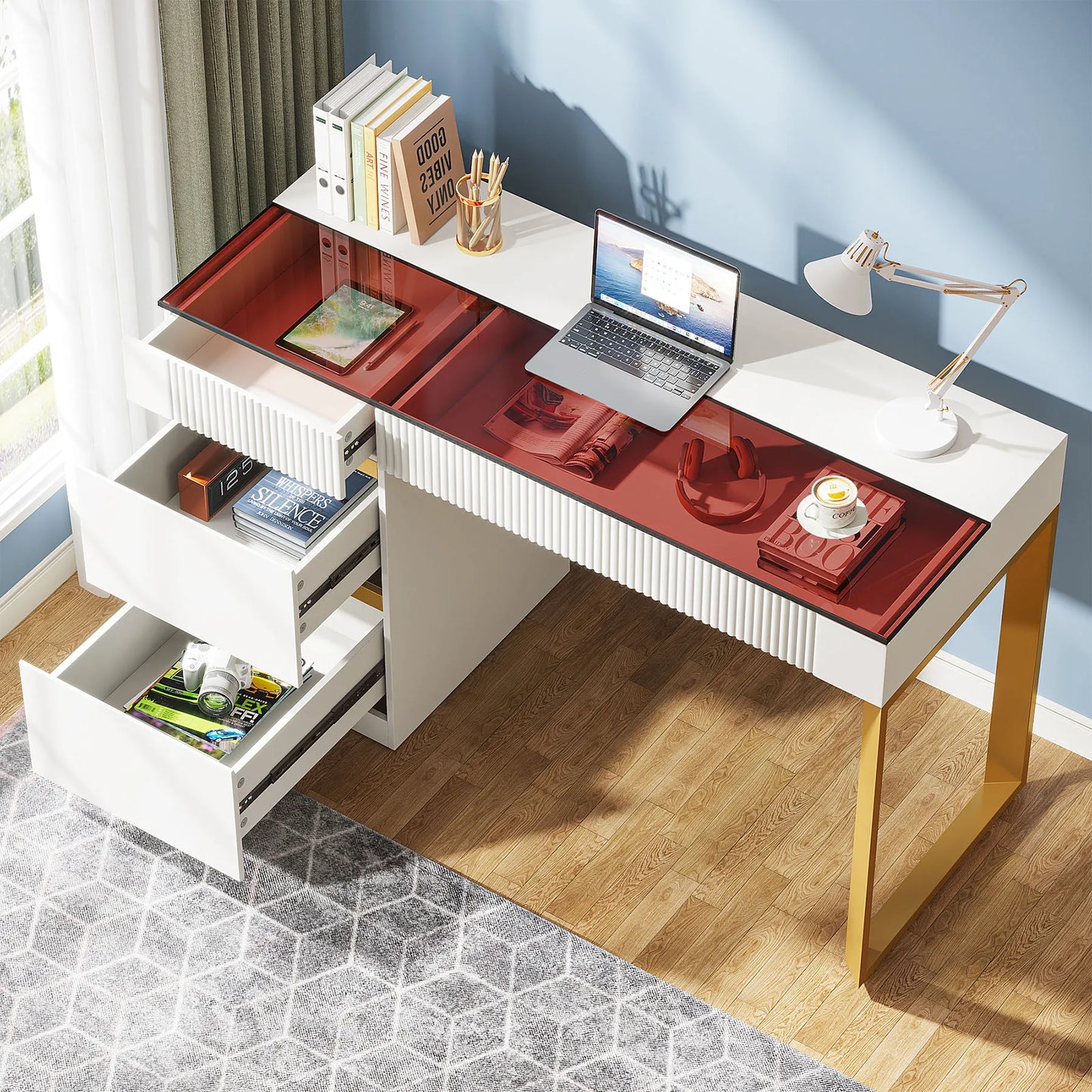 Tribesigns Computer Desk with 4 Drawers, 47 Inch Modern Home Office Desk with Glass Top, White and Gold Writing Workstation Desk