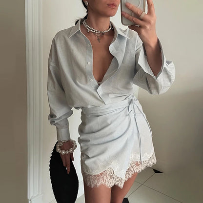 Striped Mini Dress Women Lapel Single Breasted Long Sleeves Lace Patchwork Waistband Robe Female 2026 Summer Beach Vacation Sets
