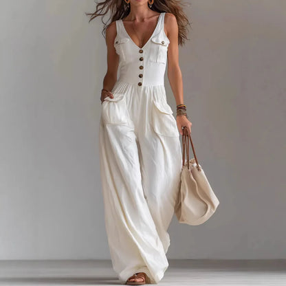Casual New Solid Women's Jumpsuit Fashion Sexy V Neck Button Front Boho Rompers Summer Sleeveless Pocket Wide Leg Overalls