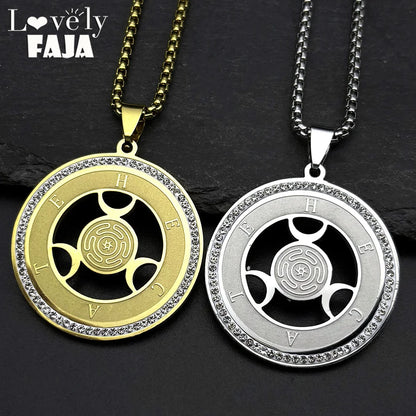 Witchcraft Triple Moon Goddness Hekate Wheel Stainless Steel Pendant Necklace Strophalos Hecate Magic Symbol PIN Jewelry
