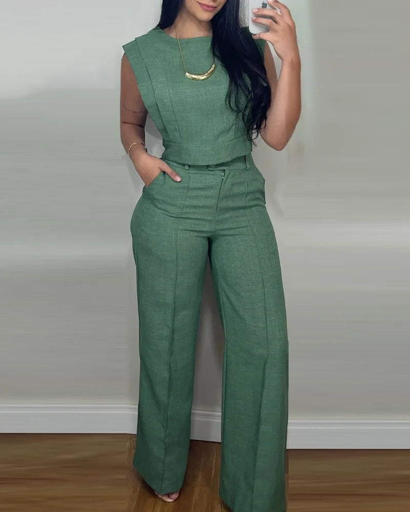 2026 Casual Solid Color Commuting Suit Spring And Summer New Fashion Sleeveless Loose Top With Straight Trousers Two-piece Set