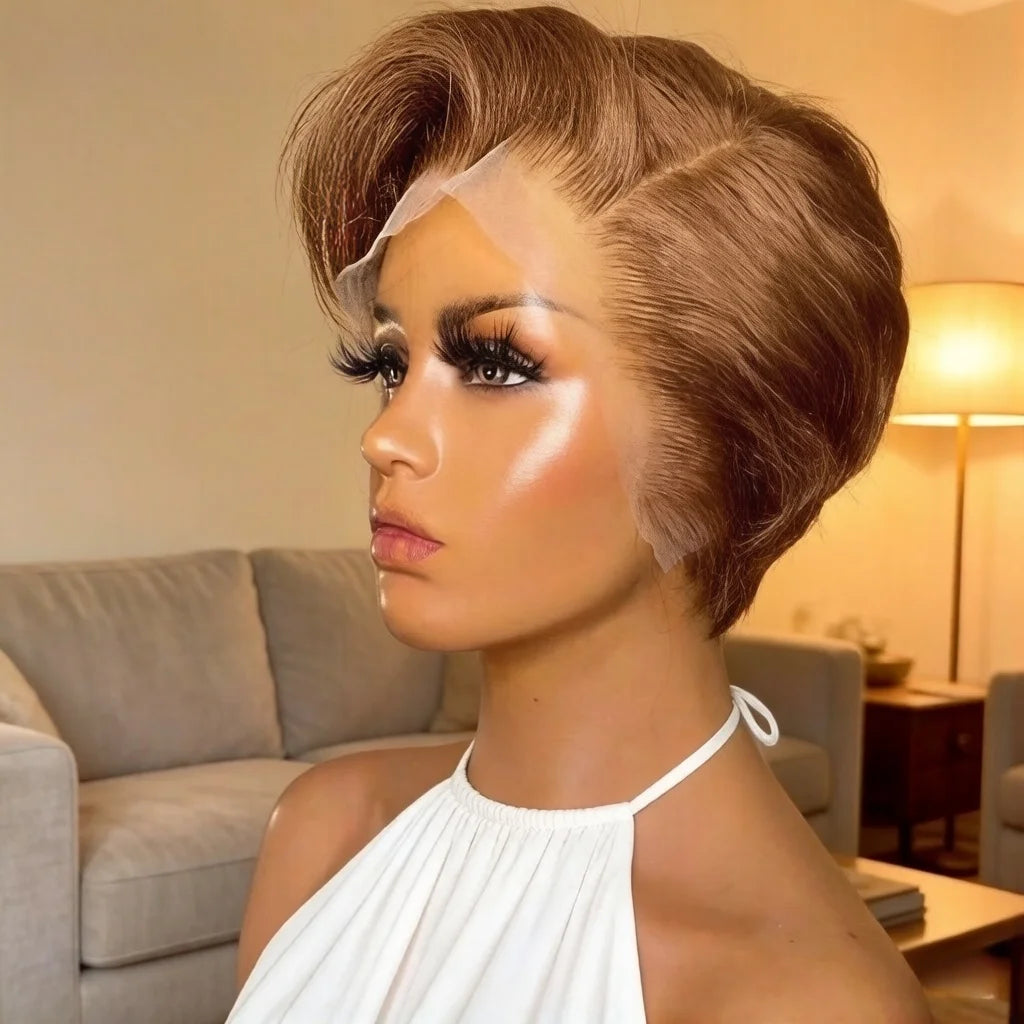 Human Hair 13x4 Short Pixie Cut Lace Front Wig for Women Black Pixie Cut Transparent Frontal Wig Layered Straight Pixie Cut Wigs
