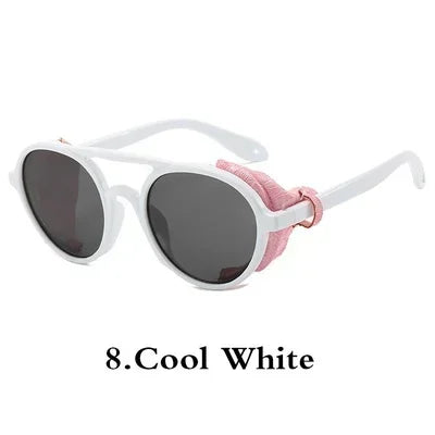 Steampunk Shields Sunglasses Men Women Classic SunGlasses With Side Leather Round Eyewear Pink UV400 Lens