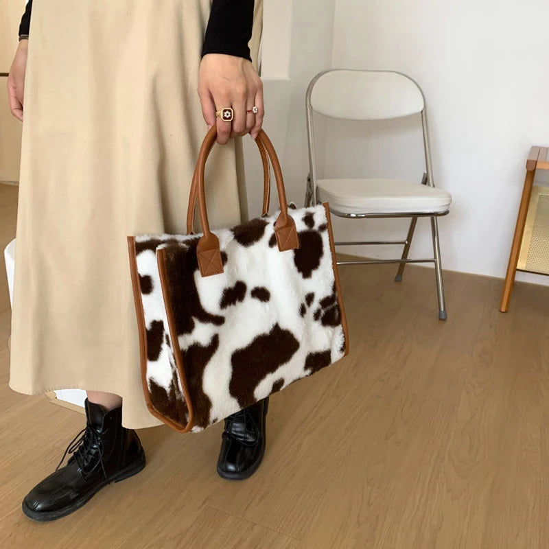 Winter Faux Fur ,Leopard Print Designer Shopper Totes, Fashion Soft Plush Women Shoulder Bags, Large Capacity Handbags and Purse