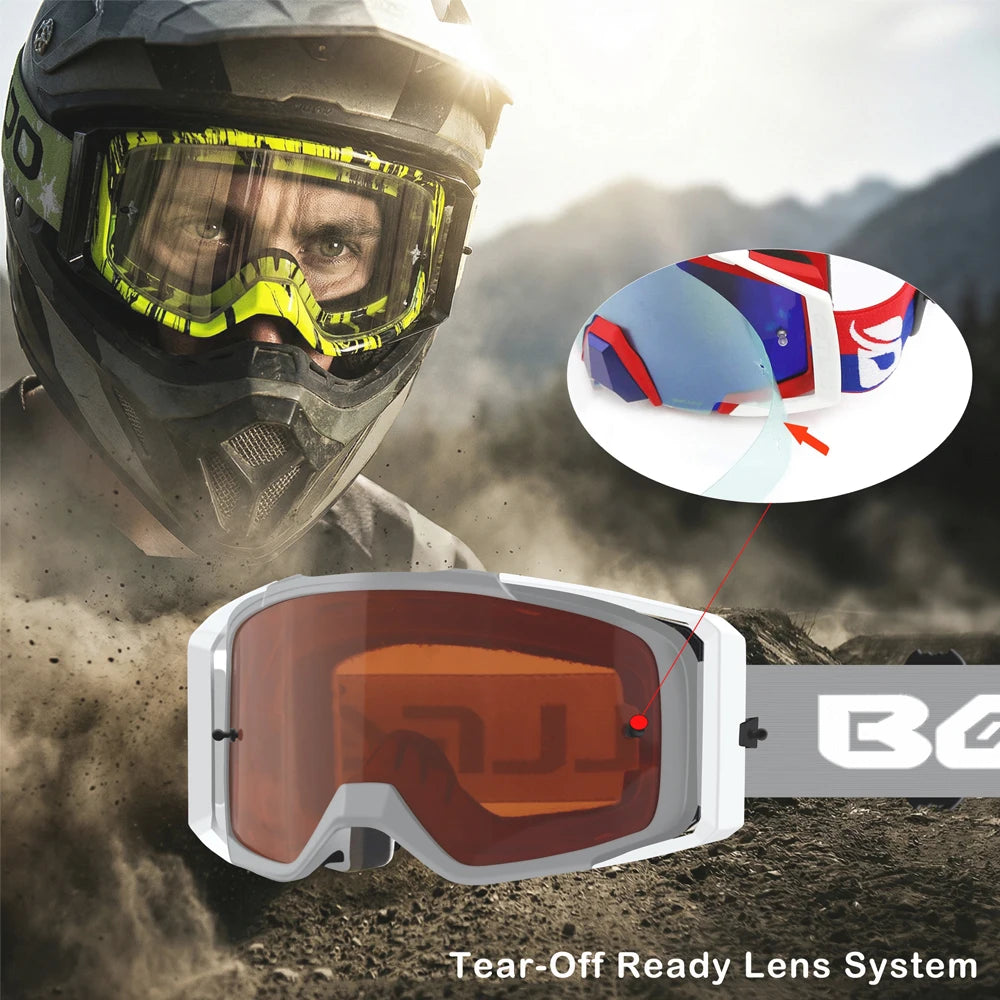 Dirt Bike Goggles with Tear-Off Quick-Release Ready Lens UV400 Motocross Glasses TPU Dual-Cycle Defogging Motorcycle Eyewear