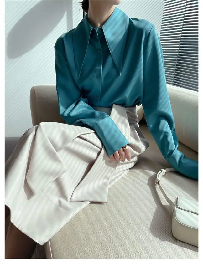 Spring Autumn New Elegant Long Sleeve Loose Shirt Tops Solid Color All-match Fashion Blouse Temperament Korean Women Clothing