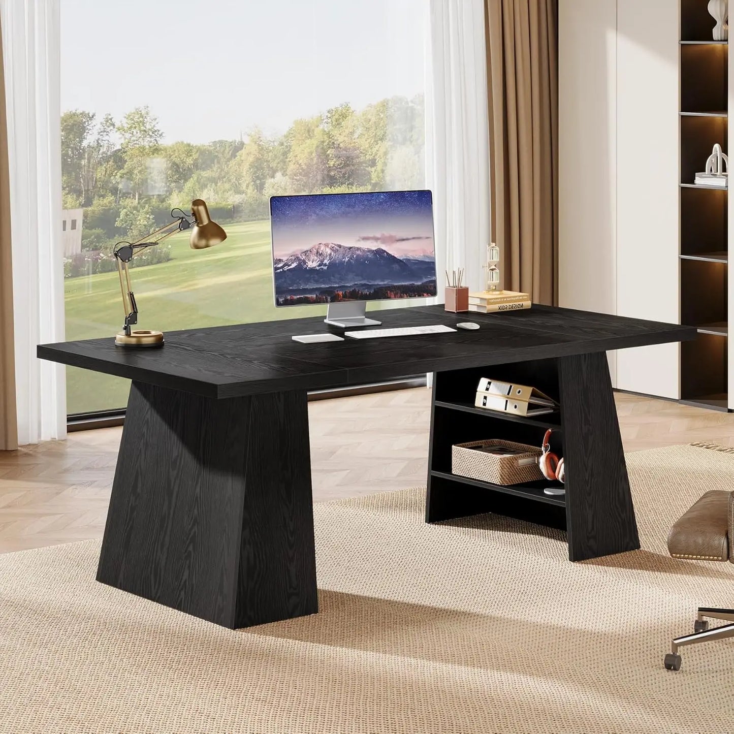 63-Inch Executive Desk, Modern Black Office Desk with Double Pedestal and Storage Shelves, Simple Large Computer, Customized
