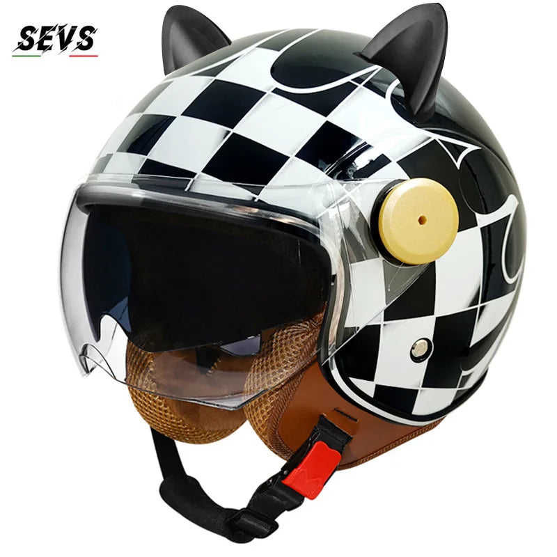 Motorcycle Helmet Retro 3C & DOT Certified Half Face ABS Helmet Dual Visor Hidden Sun Shield Removable Cute Cat Ears