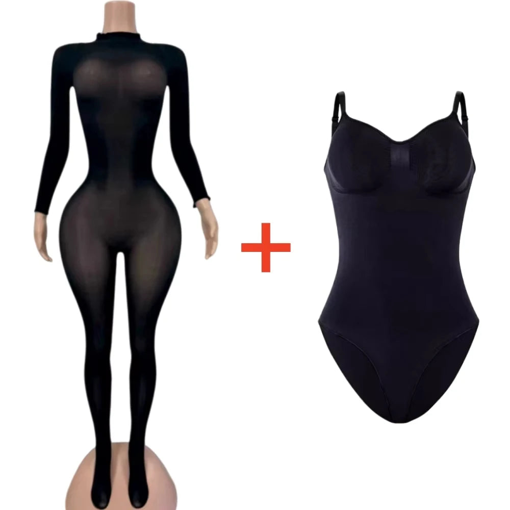 HLJ&GG Black Sexy See Though Bodycon Jumpsuits Women Round Neck Long Sleeve Slim Playsuits And Bodysuits Outfit Fashion Clubwear
