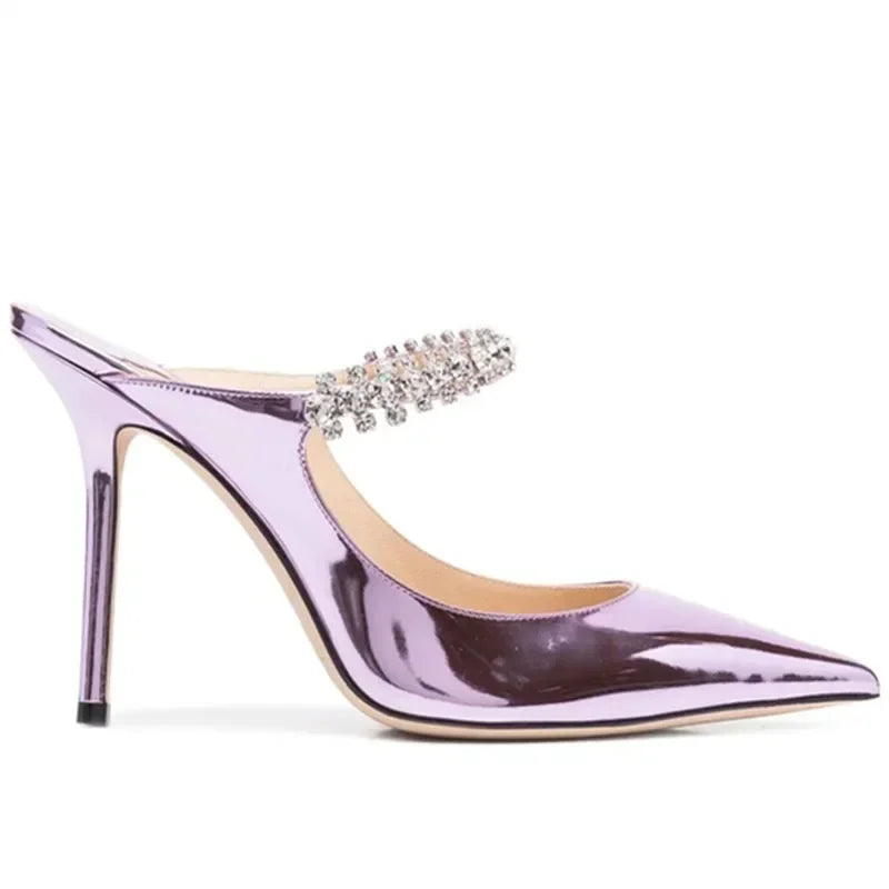 2025 New Fashionable Fine Heeled Muller Shoes with Pointed Water Diamond Chain Banquet Shallow Mouth Women's High Heel Sandals