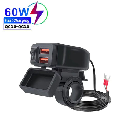 60W Motorcycle USB Fast Charger PD QC3.0 Power Supply Adapter Handlebar Dual USB Socket Waterproof with Switch Voltmeter