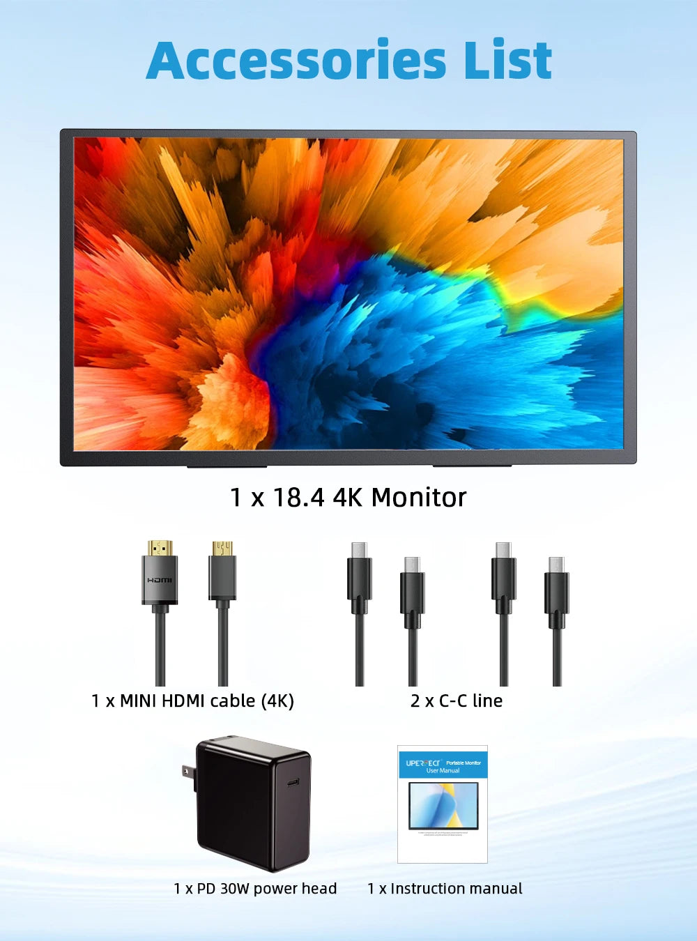UPERFECT QLED 18.4" 4K UHD Laptop Monitor w/ HDMI USB C 3.1 For XBOX PS5 Ultrawide Game View Display PC Mac Phone Extend Screen