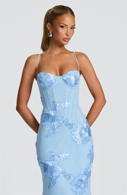 Mozision Spaghetti Strap Backless Sexy Maxi Dress Women Gown Floral Ribbon Applique Sleeveless Bodycon Evening Club Party Dress