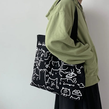 Canvas Bags Handbag for Women Shopper Cute Cat Tote Bag with Zipper Designer Bag Japanese Style Cartoon Small Shoulder Bags