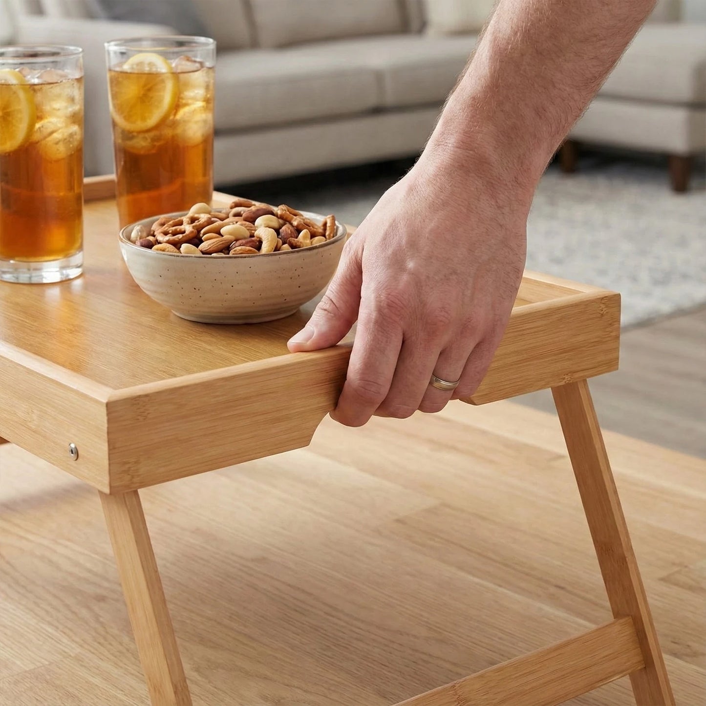 Portable Multifunctional Bamboo Bed Tray Table with Folding Legs Breakfast in Bed Tray for Sofa Serving Eating Working Reading