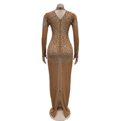 Party Dress Women Floor Length Dresses Vestidos Hot Drilling Evening Bodycon Square Collar Prom High Waist Evening Night 2025