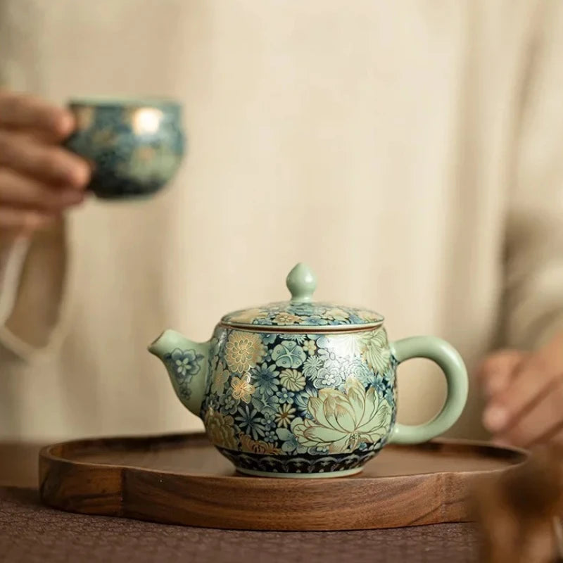 Ru Kiln Ceramic Teapot Gilded Peony Western Han Tile Pot Kung Fu Tea Set Household Tea Pot