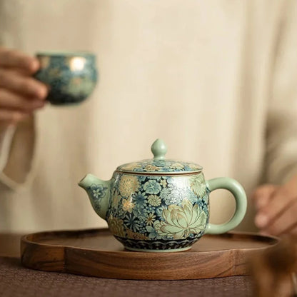 Ru Kiln Ceramic Teapot Gilded Peony Western Han Tile Pot Kung Fu Tea Set Household Tea Pot