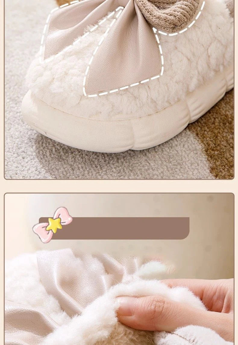 Thick Soled Non Slip Home Plush Slippers 2025 New Cotton Slippers for Women Bow Slippers for Autumn and Winter Warm for Women