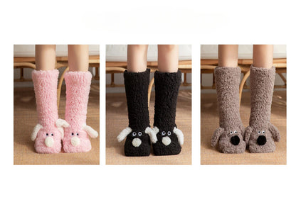 Fuzzy Fluffy Sock Women Cartoon 3D Dog Winter Warm Plush Non slip Home Sleeping Soft Female Floor Thermal Funny Slipper Sock