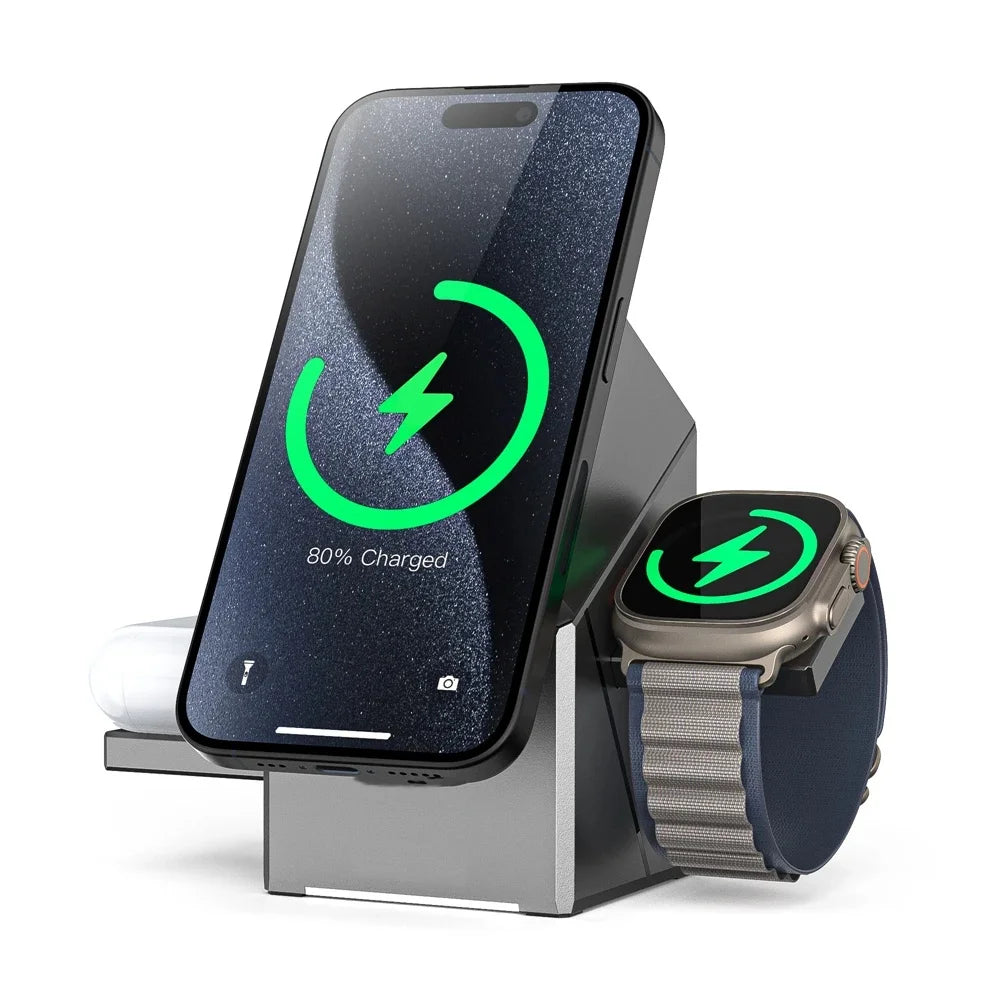 New 15W Qi2 3 In 1 Touch Autorotation Magnetic Wireless Charger For Android iPhone iWatch Magsafe Fast Charging Dock Station