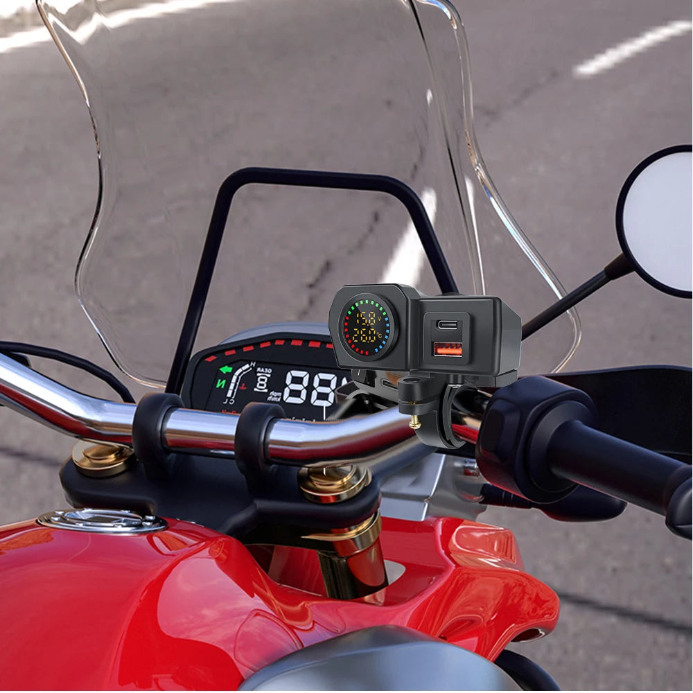 60W Motorcycle QC3.0 PD Charger Socket USB Type-C Fast Charging Motorcycle Charger Plug Voltmeter Thermometer Digital Display