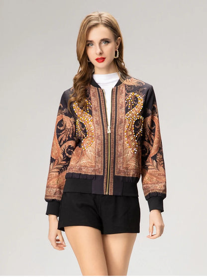 Luxury Rhinestone Stand Collar Bomber Jacket for Women, Vintage European Style Loose Fit Zip up Long Sleeve Spring Autumn Coat