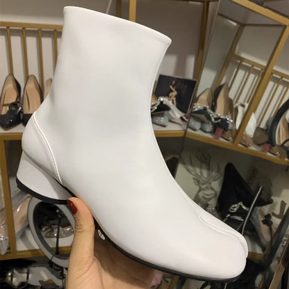 Luxury Brand Designer Tabi Split-toe Ankle Boots Women Genuine Leather Chunky Round Heel Short Boots 2024 Autumn Winter Shoes