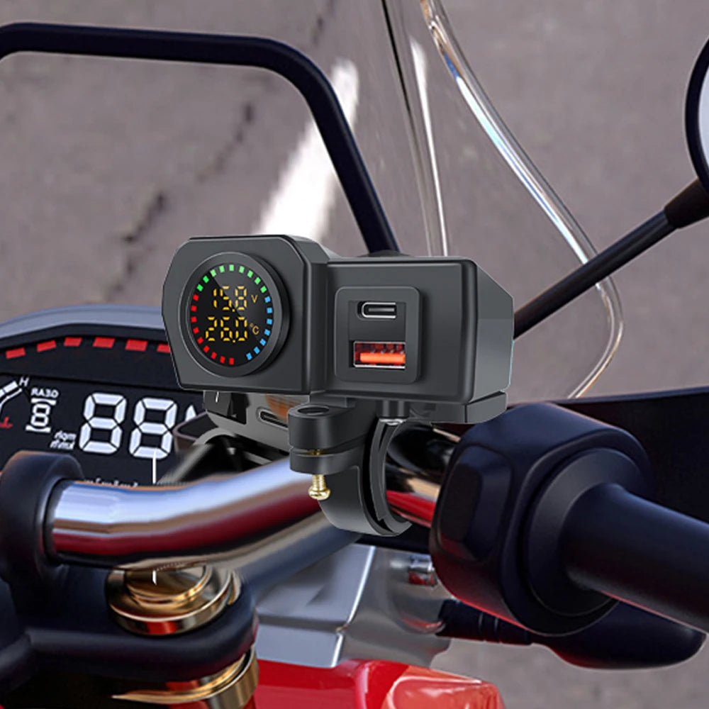 60W QC3.0+PD Motorcycle Handlebar & Rear Mirror With Digital Voltmeter Thermometer USB Socket Fast Charger Phone Power Adapter