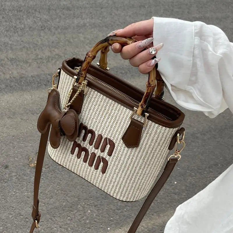 Women's Crossbody Bag Bamboo Fiber Woven Basket Bag Water Bucket Bag Zipper Closure, Versatile for Casual & Formal Occasions