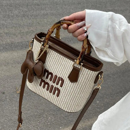 Women's Crossbody Bag Bamboo Fiber Woven Basket Bag Water Bucket Bag Zipper Closure, Versatile for Casual & Formal Occasions