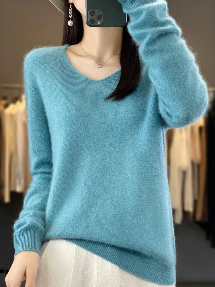 100% Merino Wool Women's Sweater V-Neck Long Sleeve Pullovers Autumn Winter Basic Jumper Cashmere Knitwear Warm Female Clothing