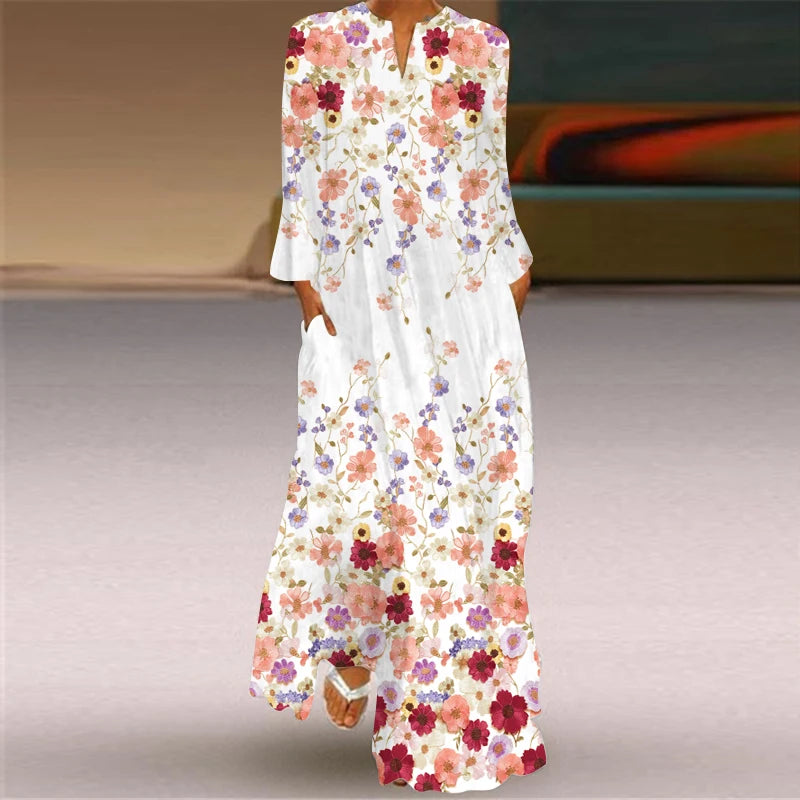 2024 European and American Cross border Women's New Dress V-neck Long sleeved Sexy Printed Large Pocket Foreign Trade Dress