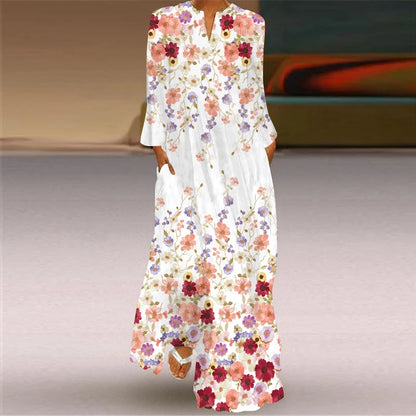 2024 European and American Cross border Women's New Dress V-neck Long sleeved Sexy Printed Large Pocket Foreign Trade Dress