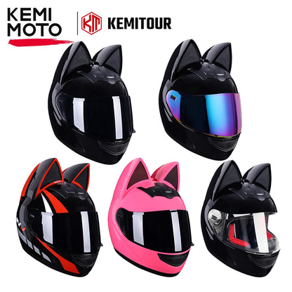 KEMITOUR Full Face Motorcycle Helmet DOT Certification Cat Ear Safety Moto Helmet For Women Men Breathable Gift For Girlfriend