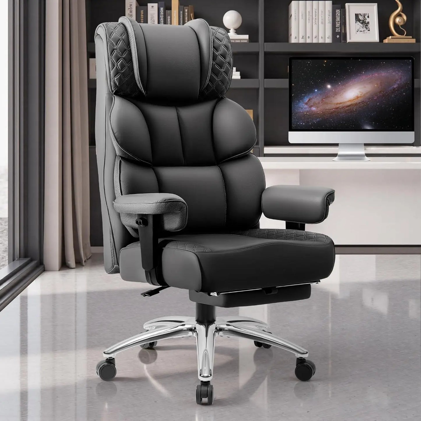 Office Desk Chair, Big and Tall Leather Gaming Chair with Footrest, Wide Ergonomic Comfy Executive High-Back, Customized