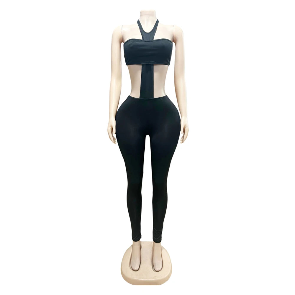 Y2k Sexy Two Piece Sets Woman Club Wear Halter Cross Crop Top and Skinny Pants Suits 2025 Female Jumpsuit Baddie Outfits