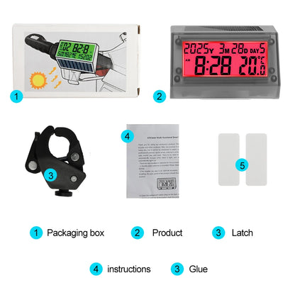 Solar Motorcycle Digital Clock with Date Week Temperature LCD Backlit Display Waterproof Thermometer with Motorcycle Stand