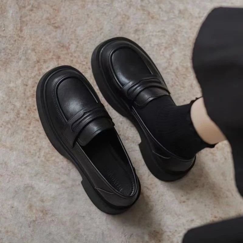 Women Black/Reddish Brown Platform Loafers Round Toe Chunky Sole Slip On Penny Loafers Comfortable Casual Office Shoes