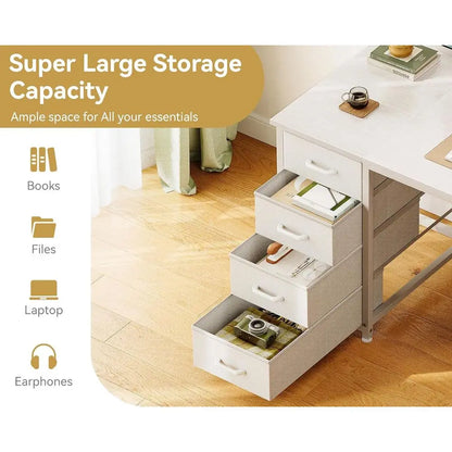 48 White Desk with 8 Fabric Drawers - Modern Storage Desk for Home Office, Study, Gaming