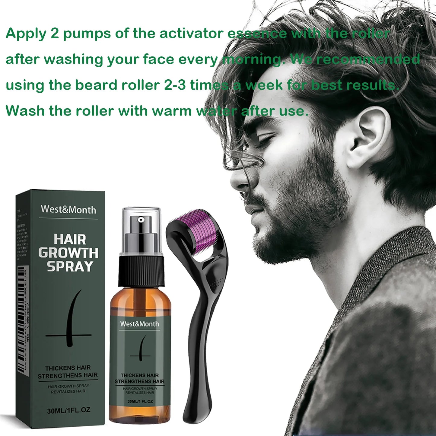 Men's Beard Growth Spray Kit with Micro Roller Moisturizing Thicken Facial Hair Beard Growth Essence Nourishing Spray Beard Care