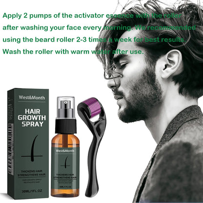 Men's Beard Growth Spray Kit with Micro Roller Moisturizing Thicken Facial Hair Beard Growth Essence Nourishing Spray Beard Care