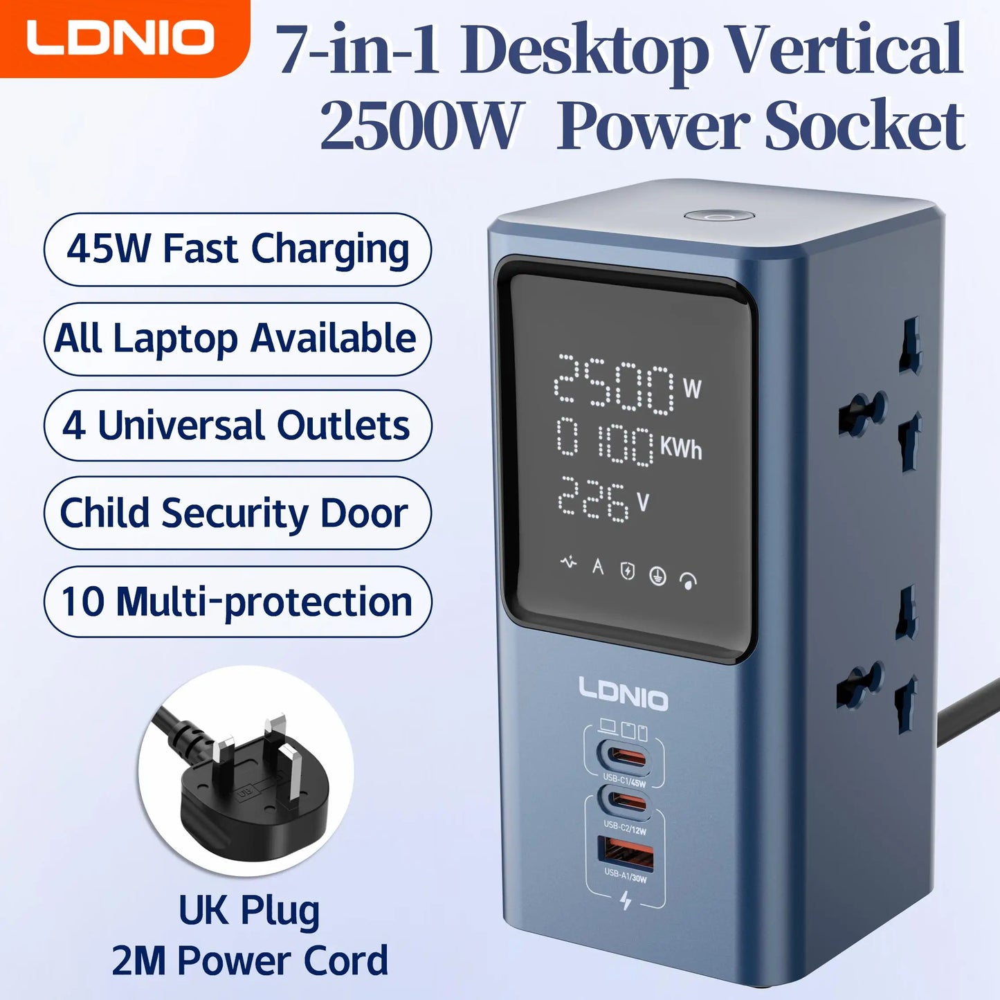 LDNIO Vertical Universal Socket Tower Power Strip Multi Outlets with 45W PD USB C Fast Charging Stations Extension Cable LED