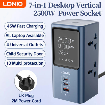 LDNIO Vertical Universal Socket Tower Power Strip Multi Outlets with 45W PD USB C Fast Charging Stations Extension Cable LED