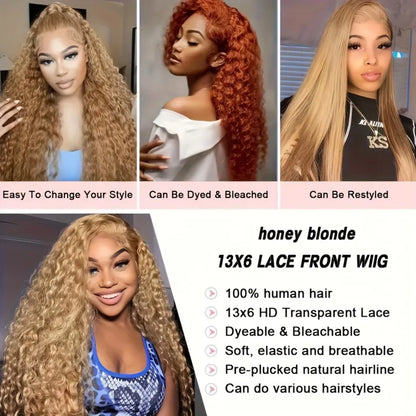 Deep Wave Honey Blonde Human Hair Wig #27 Curly HD Transparent Lace Front Wigs For Women Pre Plucked Wigs 200% Density 30 Inch