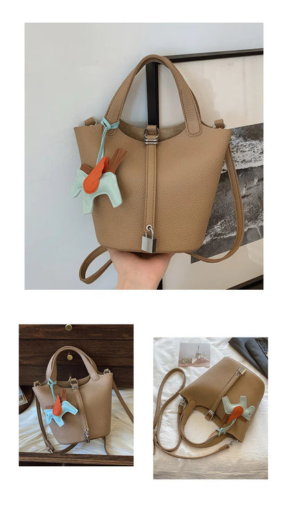 Popular and popular lychee patterned mother and child bucket bag for women, 2025 new casual retro handbag, casual commuting bag